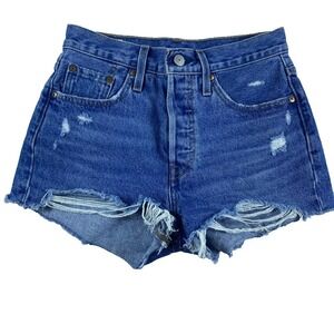 Levi's 501 Denim Jean Short Sz 25 Medium Wash Cut Off Button Fly Distressed